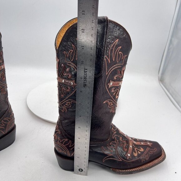 Cavenders Women Size 6.5C Dark Brown Spike Leather Pull On Western Cowboy Boot - Picture 15 of 16